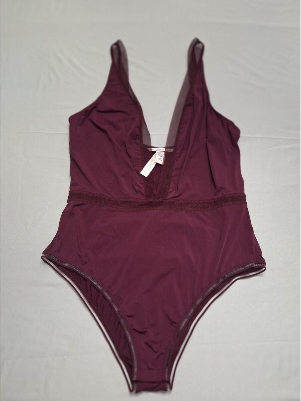 Victoria Secret Plunging Neckline Bodysuit with sheer trim, burgundy, L, NWT
